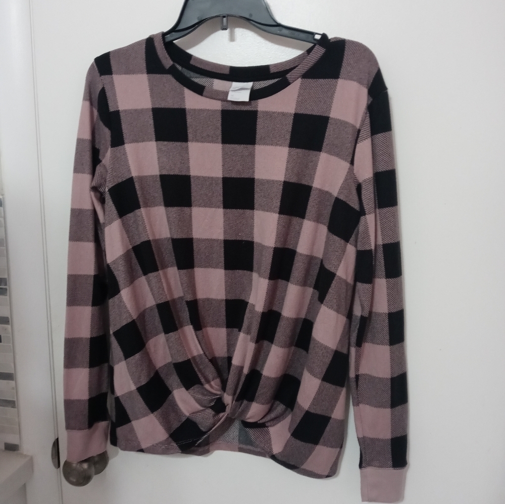 Stars Above Pink Black Light Stretchy Plaid Pullover With Twisting At Hem